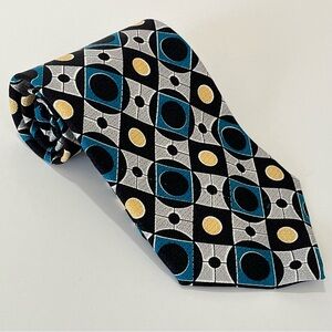 100% Silk Geometric Patterned Tie Black Blue Grey Yellow Circles Squares Bias